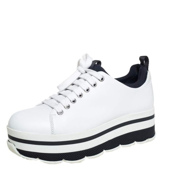 Prada White Platform Lace-Up Sneakers with Black Accents
